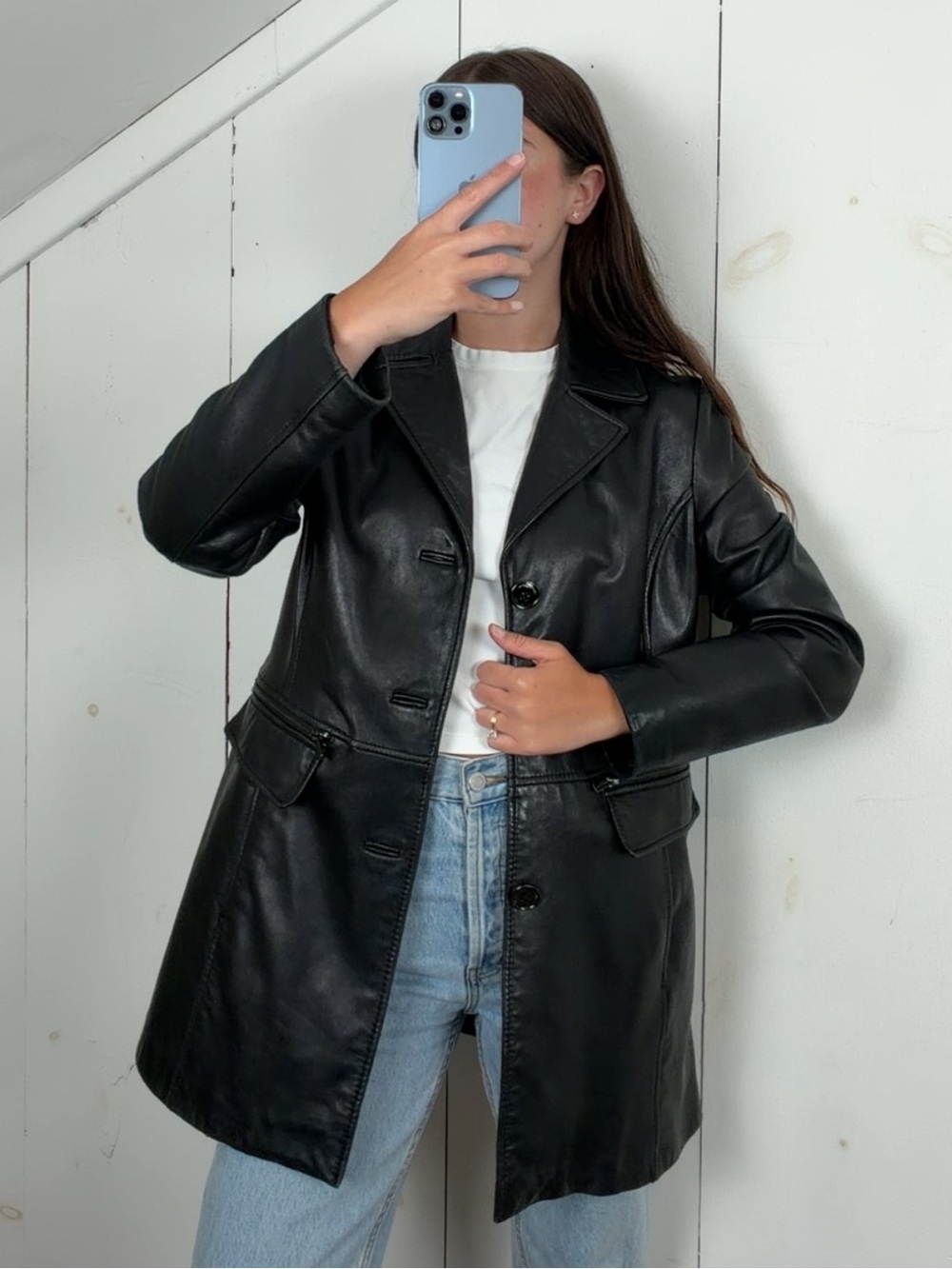 Vintage Kenneth Cole Black Leather Mid Length Jacket Women’s Large Y2K 90s